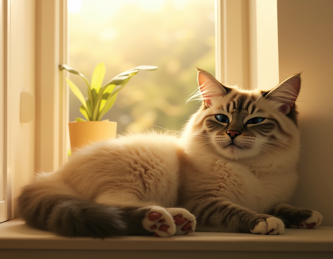 Relaxed cat lies on a sunlit windowsill, its fur glowing in the soft afternoon light. A small potted plant sits nearby, and the blurred background reveals trees outside.